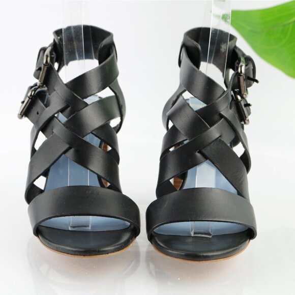 Pollini Womens Sandal Size 36.5 6.5 Black Leather Strappy Block Heel Dress Shoes - Picture 2 of 13